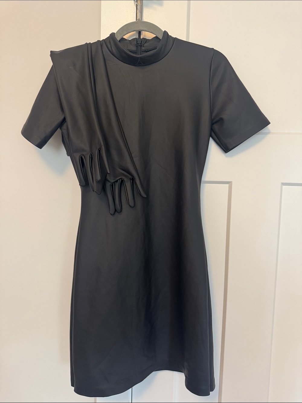 Maniere De Voir Black Faux Leather Mini Dress with Gloves